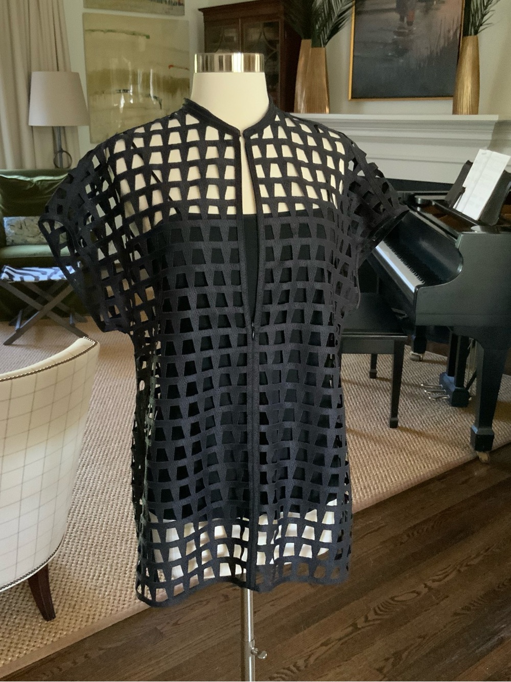Akris Black Openwork Grid Short-Sleeve Top